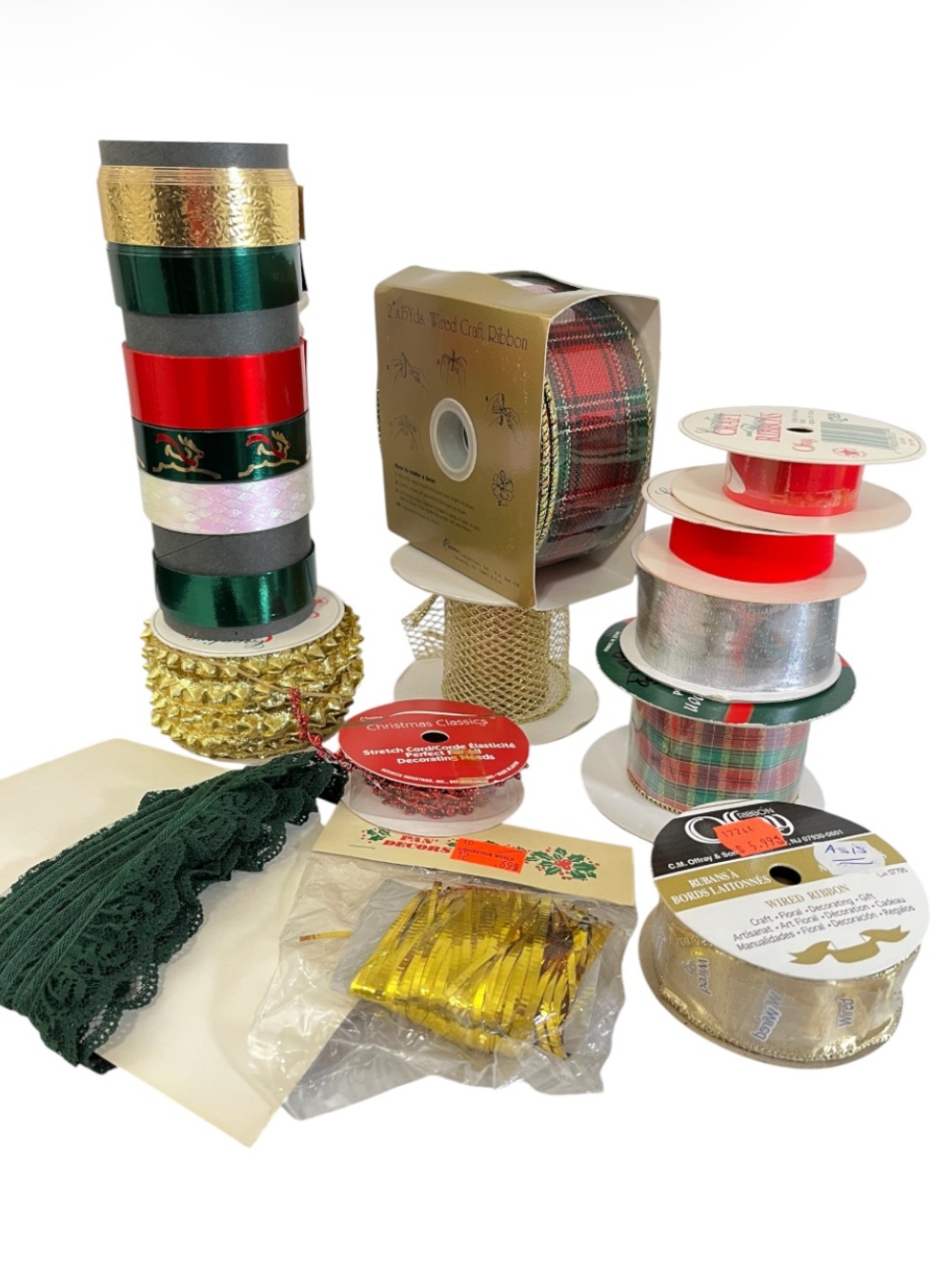 Vintage Lot of 17 Assorted Holiday Ribbon & Trim - Gold, Red, Green, Silver
